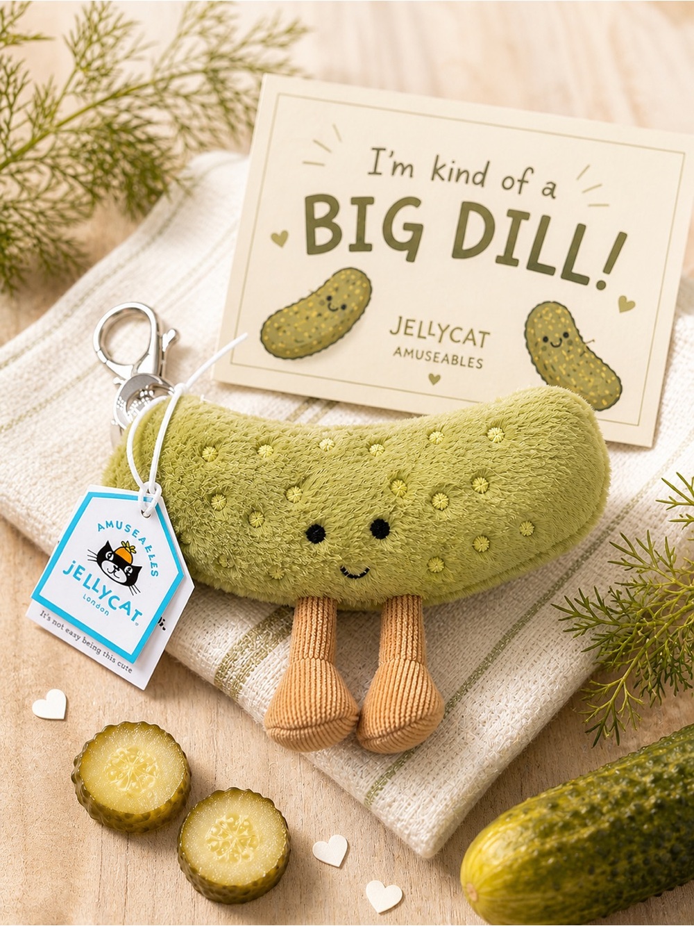Jellycat Amuseables Pickle Bag Charm Plush Keyring - Light Green & Tan